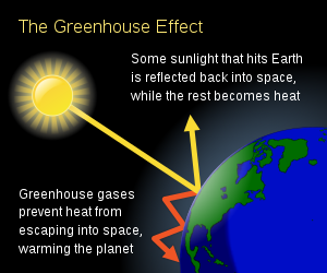 Greenhouse gases allow sunlight to pass through the atmosphere but then absorb and reflect the infrared radiation (heat) the planet emits